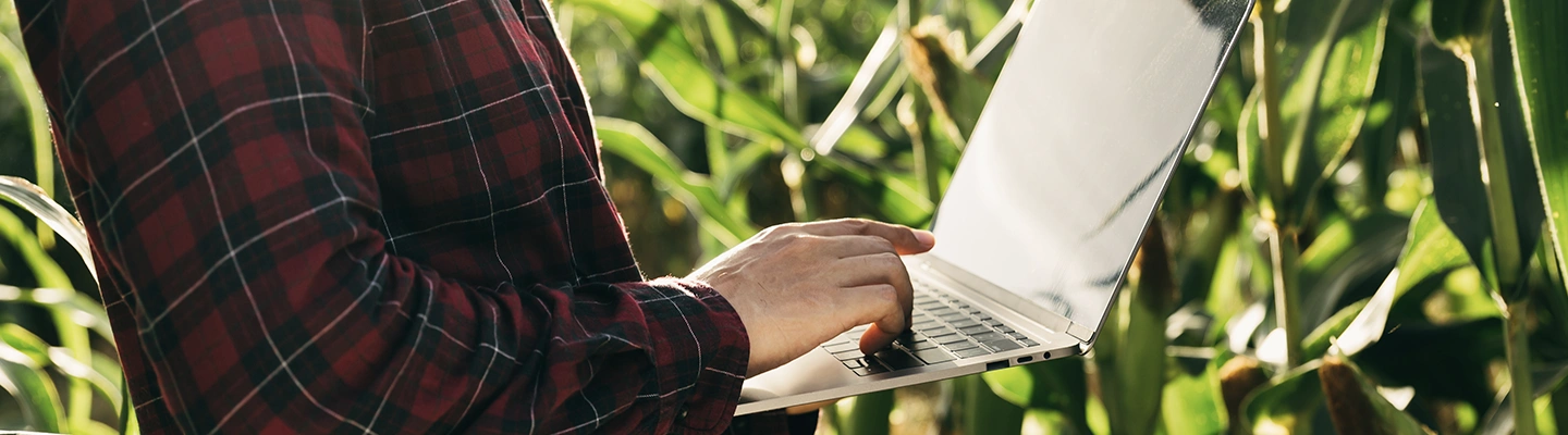 Farmer in the field on his laptop